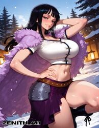 ai ai_art ai_generated arm_behind_head bangs belt black_hair blue_eyes boots breasts cabin cleavage female fur_trim hand_on_hip hips lantern large_breasts long_hair looking_at_viewer metal_armor midriff navel nico_robin one_piece outdoors purple_fur purple_skirt shiny_skin smile snow snowy_background solo standing sweat thick_thighs thighhighs toned white_top winter zenithai