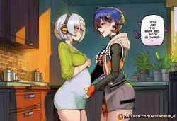 2girls ai_generated amadeus_v anby_demara apartment aqua_eyes belle_(zenless_zone_zero) belly big_belly blue_hair blush bulge counter day distance eye_contact facing_each_other female from_side futanari gentle gradient_hair grey_hoodie hair_ornament looking_at_another medium_breasts medium_hair open_mouth orange_hair oversized_shirt plant pregnant red_eyes slim smile standing warm_lighting zenless_zone_zero