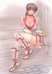 1girls areola_slip big_breasts breasts breasts_out brown_eyes brown_hair dead_or_alive dress exposed_breasts female japanese_clothes kasumi_(doa) large_breasts long_hair momoi_nanabei obi panties pantyshot pantyshot_(sitting) underwear white_dress white_panties white_underwear