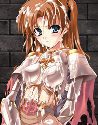 angry angry_facial armor asaga_aoi blue_eyes blush brown_hair bukkake cum cum_on_clothes cum_on_face cum_on_hair ero_offline ero_ragnarok_offline hair_ribbon long_hair lord_knight lord_knight_(ragnarok_online) ragnarok_online solo tears torn_clothes