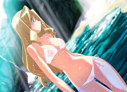 1girls bikini blonde_hair breasts brown_eyes brown_hair female lowleg morimi_ashita nipples original see-through side-tie_bikini solo swimsuit water wet