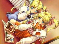 90s alice_soft aqua_eyes blonde_hair blue_eyes blush book character_request dutch_angle female female_only frills game_cg hair_ribbon kneeling long_hair min-naraken multiple_girls naughty_face open_mouth plaid ribbon siblings sisters sweat tartan tied_hair twins twintails very_long_hair zero_shiki