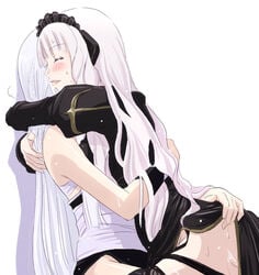 2girls albino assassin assassin_(ragnarok_online) blush female hug kataasa-ko katar_assa_child kooley's_special_friend's maid_headdress mr._romance multiple_girls priest priest_(ragnarok_online) ragnarok_online sweat thighhighs wet white_hair whitemaria yuri