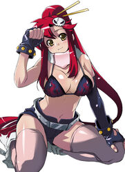 1girls belt bikini bikini_top blush boots breasts chopsticks cleavage clenched_hand elbow_gloves female fingerless_gloves fist gloves hair_ornament large_breasts legs long_hair ponytail red_hair scarf shorts sideboob solo swimsuit tengen_toppa_gurren-lagann tengen_toppa_gurren_lagann thighhighs thighs tied_hair very_long_hair yellow_eyes yoko_littner yoshihara_maito