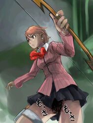 atlus bow_(weapon) cardigan cropped_legs excessive_pubic_hair female female_focus female_only female_pubic_hair full_bush hairy_pussy hairy_vagina holster looking_to_the_side michael_f91 miniskirt no_panties persona persona_3 pubic_hair ribbon skirt solo solo_female takeba_yukari thick_bush thigh_holster unshaved_pussy upskirt weapon yukari_takeba