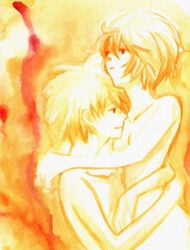 hug kaworu_nagisa lowres lrk neon_genesis_evangelion nude orange_(color) rei_ayanami tagme