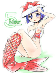 1girls :d blue_eyes blue_hair blush breast_out breasts female hat legs looking_at_viewer mermaid monster_girl nipples open_mouth original paper_hat shimanto_youta simple_background smile solo