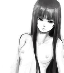 1girls areolae bangs bare_shoulders black_hair blunt_bangs breasts bust face flat_chest ginji ginji_(sakaki_summer) gintera greyscale half-closed_eyes hime_cut kaguya_houraisan lips long_hair looking_at_viewer monochrome nipples no_bra nude realistic ribs skinny solo topless touhou very_long_hair white_background