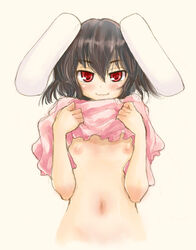 1girls animal_ear black_hair blush breasts bunny_ear female flat_chest kasuga_yukihito naughty_face navel nipples red_eyes shirt_lift short_hair skirt_lift solo tewi_inaba touhou