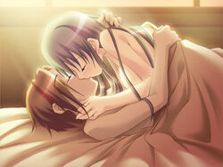 1boy aijou bed bedroom blanket breasts brown_hair closed_eyes couple cowgirl_position female game_cg happy happy_sex hug jpeg_artifacts kissing kunai_uri long_hair love male pale_skin passionate sex sideboob straight tear yumemigaoka