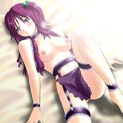 1girls blush breasts choker female garter_belt garters hair_bobbles hair_ornament lingerie long_hair lying nude on_back ookoshi_hidetake purple_eyes purple_hair shoker side_ponytail solo underwear