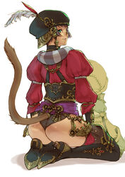 animal_ears ass branch_(artist) branch_(blackrabbits) cat_ears cat_tail clothing female final_fantasy final_fantasy_xi high_heels kneeling looking_at_viewer looking_back mithra panties shoes short_hair tail tan thighhighs