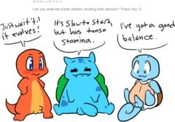 2013 balls blue_body blue_eyes blush brown_eyes bulbasaur charmander english_text feral group humor jigglybutts male nintendo penis plain_background pokémon_(species) pokemon pokemon_rgby red_body squirtle text tumblr tumblr_ask video_games white_background yellow_body