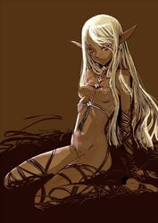 1girls barefoot blonde_hair branch_(artist) branch_(blackrabbits) breasts dark_elf dark_skin elf feet female long_hair navel nipples nude original pointy_ears red_eyes solo