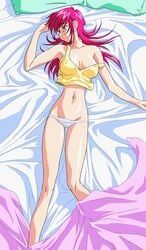 90s animated areolae armpits bare_shoulders bed bed_sheet blinking closed_eyes clothing crop_top erect_nipples erect_nipples_under_clothes female game_cg green_eyes large_breasts legs long_hair lowleg lowleg_panties lying magenta_hair midriff navel on_back panties pillow pink_hair raika_grace sleeping sleepy sogna solo strap_slip tank_top underwear viper_(series) viper_f40 waking_up white_panties