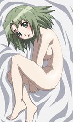 awa barefoot bed blush breasts class_rep_(my_bride_is_a_mermaid) feet female fetal_position green_eyes green_hair lowres lying my_bride_is_a_mermaid nude oekaki on_side open_mouth sideboob solo