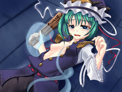 1girls breasts eiki_shiki female ghost green_hair happa happa16 hat nipples nude ribbon ribbons rod_of_remorse short_hair solo touhou