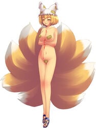 1girls :3 animal_ear blonde_hair blood breasts closed_eyes female fox_ear fox_tail hat maebari nosebleed nude pasties ran_yakumo sandals short_hair solo tail tdk touhou