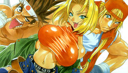 1girls 2boys bare_shoulders belt blonde_hair blue_mary breasts cute_fang earrings erect_nipples fatal_fury green_eyes halter halterneck hat headband huge_breasts jacket jewelry joe_higashi king_of_fighters kotobuki_tsukasa lipstick makeup midriff navel_piercing neo_geo oldschool panties piercing short_hair snk terry_bogard tongue torn_clothes underwear undressing