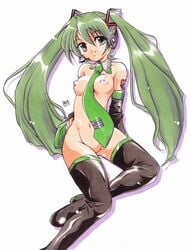 detached_sleeves green_eyes green_hair hatsune_miku headset honoo_teruki legwear long_hair necktie nipples no_pussy novagina nude stockings thighhighs tied_hair traditional_media twintails vocaloid