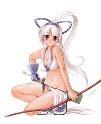 1girls bikini_top blue_eyes bow_(weapon) breasts cleavage female footwear gloves hair_ribbon kneeling long_hair majikina_mina midriff no_panties ponytail pubic_hair ribbon samurai_shodown sandals sideboob skirt socks solo tied_hair tomomimi_shimon weapon white_hair