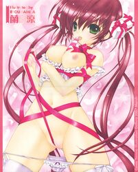 between_breasts breasts food_between_breasts highres naked_ribbon nipples panties panty_pull pussy ramiya_ryou ribbon ribbons thighhighs underwear