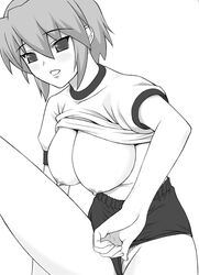 buruma buruma_pull gym_uniform huge_breasts kotonomiya_yuki monochrome shichimenchou shirt_lift short_hair suigetsu