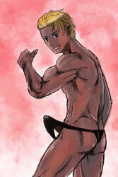 1boy ass back blonde_hair blue_eyes bulge clothed_erection color dark_skin erection from_behind fundoshi guin_sard_lineford gundam hair human lean_muscle male male_only male_thong michael_f91 muscle muscles muscular_male penis shirtless short_hair side_view smile solo thumbs_up underwear