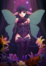 black_hair elbow_gloves fairy fairy_wings flower genshi gloves lily_(flower) long_hair original pointy_ears red_eyes sitting solo thighhighs very_long_hair wings