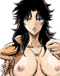 1girls blue_eyes breasts brown_hair female hokuto_no_ken human jewelry large_breasts light-skinned_female light_skin long_hair looking_at_viewer lowres mamiya_(hokuto_no_ken) necklace nipples no_bra nude open_clothes open_shirt patsuki ring shirt shounen_jump solo