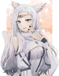 :d animal_ears bare_shoulders black_nails breasts circlet female female final_fantasy final_fantasy_xiv high_resolution jewelry long_hair looking_at_viewer miqo'te open-mouth_smile open_mouth ring smile solo tail white_eyes white_hair yoru_(yowuyoru)