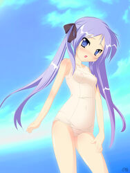 bare_shoulders blue_eyes blush breasts clothed_navel cloud collarbone embarrassed female female_only hair_ribbon human kagami_hiiragi long_hair lucky_star natsumiya_yuzu navel nipples one-piece_swimsuit open_mouth purple_hair ribbon school_swimsuit see-through solo swimsuit thighs tied_hair tsurime twintails white_school_swimsuit