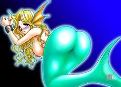 1girls ass aulbath back_view beige_skin blonde_hair blush bondage breasts color cuffs darkstalkers densuke_(heppoko_dou) female female_only fish_girl fish_tail green_tail hair head_fins jpg large_breasts long_hair mermaid mermaid_ass mermaid_girl mermaid_tail midnight_bliss monster_girl nipples rikuo rule_63 shackles signature solo sweat tail tail_fin tear top-down_bottom-up topless water