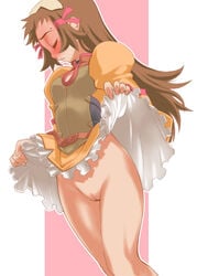 1girls bottomless breasts brown_hair dress embarrassed female hair_ribbon human light-skinned_female light_skin long_hair no_panties pussy re_mii ribbon seki_suzume shaved_pussy skirt skirt_lift small_breasts solo uncensored wide_hips zoids zoids_genesis