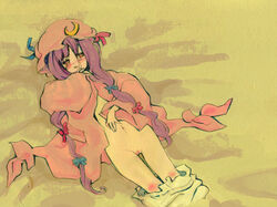 bloomers bloomers_(victorian) bloomers_pull bottomless bow female female_only hairbow hat human kuma_(artist) kuma_(crimsonvanilla) long_hair lying navel on_back open_clothes open_robe patchouli_knowledge purple_hair pussy red_eyes solo touhou