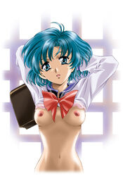 ami_mizuno arms_behind_head bishoujo_senshi_sailor_moon blue_eyes blue_hair bra bra_lift breasts clothing female female_only human kawarajima_kou lingerie looking_at_viewer navel nipples posing school_uniform serafuku shirt shirt_lift short_hair small_breasts smooth_skin solo underwear