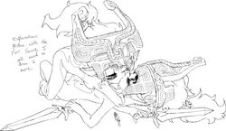 bcs female imp_midna kissing midna monochrome multiple_girls nintendo princess sketch straight_hair sword the_legend_of_zelda twilight_princess uncensored weapon yuri