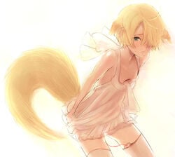 blonde_hair blush camisole character_request chemise copyright_request down_blouse female female_only flat_chest fox_ear fox_tail green_eyes kito_(coyo) kito_(pixiv5248) masturbation nipple_slip nipples short_hair tail thighhighs vibrator vibrator_in_thighhighs