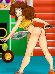 1girls ass bare_shoulders blue_eyes bottomless brown_hair crown earrings elazuls-core from_behind looking_at_viewer mario_(series) mario_tennis nintendo princess_daisy shoes sneakers straight_hair tank_top tennis tennis_ball tennis_racket toad_(mario)