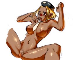 armpits blonde_hair blush breasts clitoris dark-skinned_female dark_skin female flcl hat kitsurubami navel necktie nipples nude open_mouth pubic_hair pussy pussy_juice red_eyes short_hair solo spread_legs tongue uncensored white_background wink