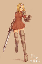 boots female female_only final_fantasy final_fantasy_tactics final_fantasy_tactics_(original) gloves hairband human kara_(color) long_hair skirt solo squire_(fft) sword thigh_boots thighhighs weapon