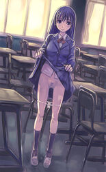 blazer blue_eyes blue_hair blush chair classroom desk footwear long_hair maruto maruto! original panties panty_pull pubic_hair pussy school_uniform skirt skirt_lift socks standing uncensored underwear white_panties window