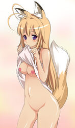 aoinagi blonde_hair bottomless fox_ear heart highres kanokon long_hair minamoto_chizuru mouth_hold navel nipples no_bra no_pussy novagina nude pasties purple_eyes shirt_lift tail