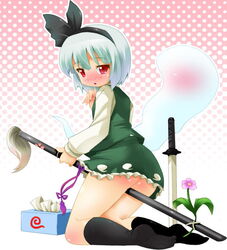 1girls ass blue_hair blush brush crotch_rub female female_only flower footwear hairband hitodama human katana masturbating_with_weapon masturbation michii_yuuki myon no_panties no_visible_genitalia noseless red_eyes ribbon scabbard sheathed_sword short_hair silver_hair socks solo sword toony touhou weapon youmu_konpaku youmu_konpaku_(ghost)