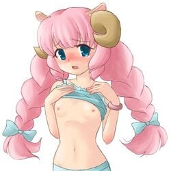 animal_ears blush bra bra_lift bracelet braid flat_chest horns jewelry lingerie lowres nipples pink_hair sheep sheep_(trickster) sheep_ears trickster trickster_online twin_braids underwear