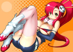 bikini_top blush boots breasts cameltoe gloves hair_ornament large_breasts nipples on_back payot pink_legwear pink_thighhighs ponytail red_hair scarf seki_suzume shorts tengen_toppa_gurren-lagann tengen_toppa_gurren_lagann thighhighs thighs tied_hair yellow_eyes yoko_littner