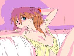 1girls asuka_langley_sohryu bed blue_eyes breasts clothing dress female female_only flat_chest hair human long_hair neon_genesis_evangelion nipple_slip nipples orange_hair redhead solo sundress yellow_dress zasha