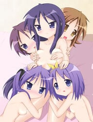 5girls age_difference blush breast_grab breasts brown_hair family female female_only group_incest hiiragi_inori hiiragi_matsuri hiiragi_miki hiiragi_tsukasat human incest kagami_hiiragi licking long_hair lucky_star milf mother_and_daughter multiple_females multiple_girls nipples nude open_mouth purple_eyes purple_hair rodori_gesu saliva short_hair siblings sisters small_breasts smile tongue tsukasa_hiiragi twincest twins yellow_eyes yuri