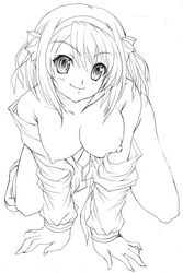 all_fours breasts hairband hanging_breasts map_(artist) monochrome nipples short_hair suzumiya_haruhi suzumiya_haruhi_no_yuuutsu