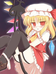 blonde_hair flandre_scarlet laevatein masturbation panties panties_around_one_leg pussy_juice red_eyes ry solo thighhighs touhou underwear wings